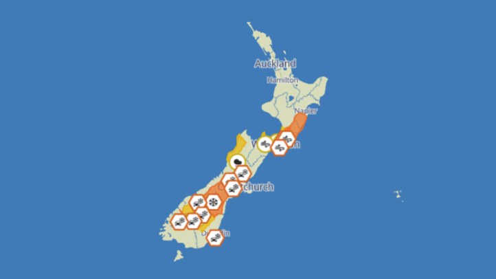 A fast-moving front brought weather warnings across central New Zealand during the school-holiday travel period.