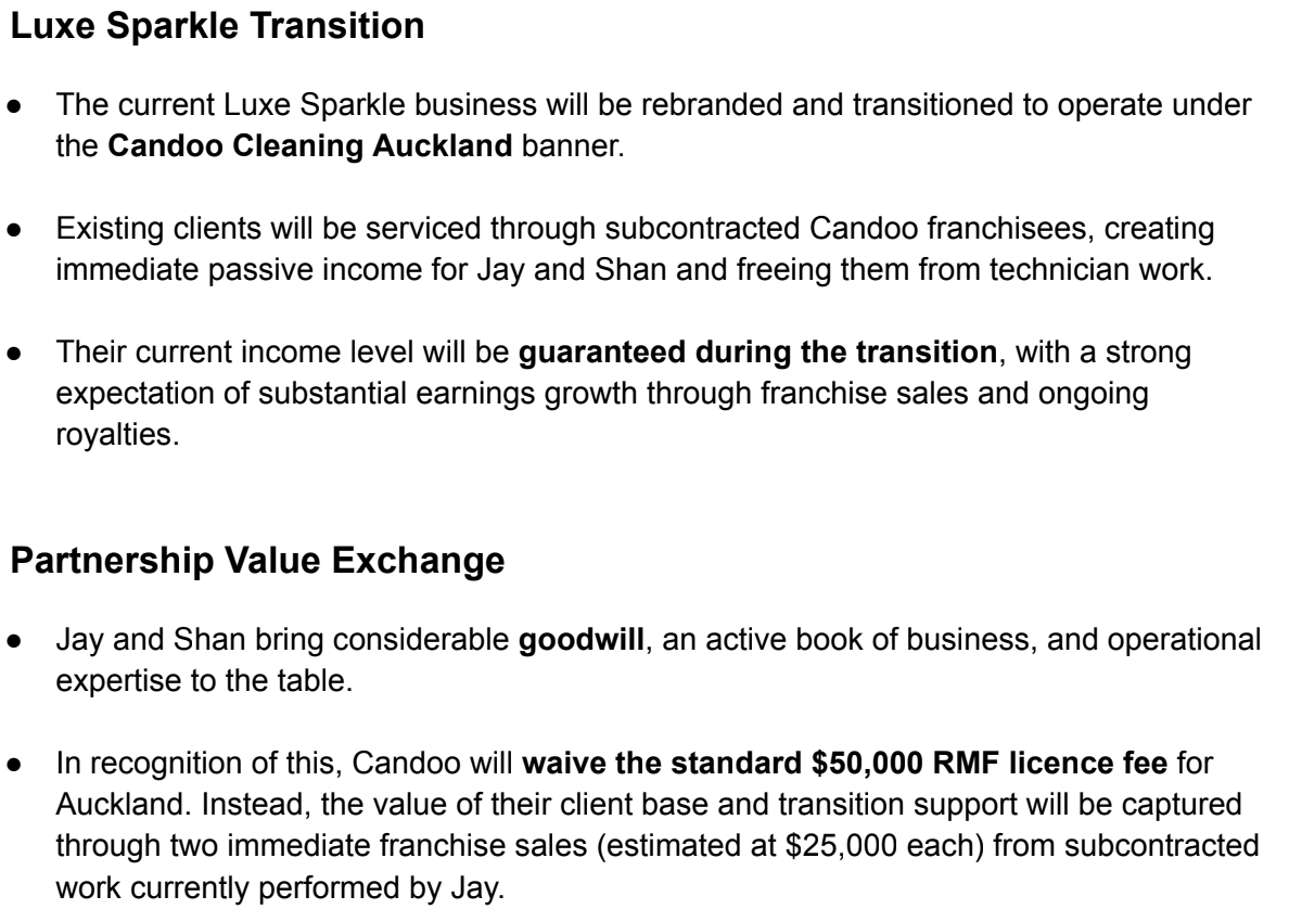 Extract from the June 2025 Candoo regional master franchise proposal describing the Luxe Sparkle transition and the partnership value exchange.
