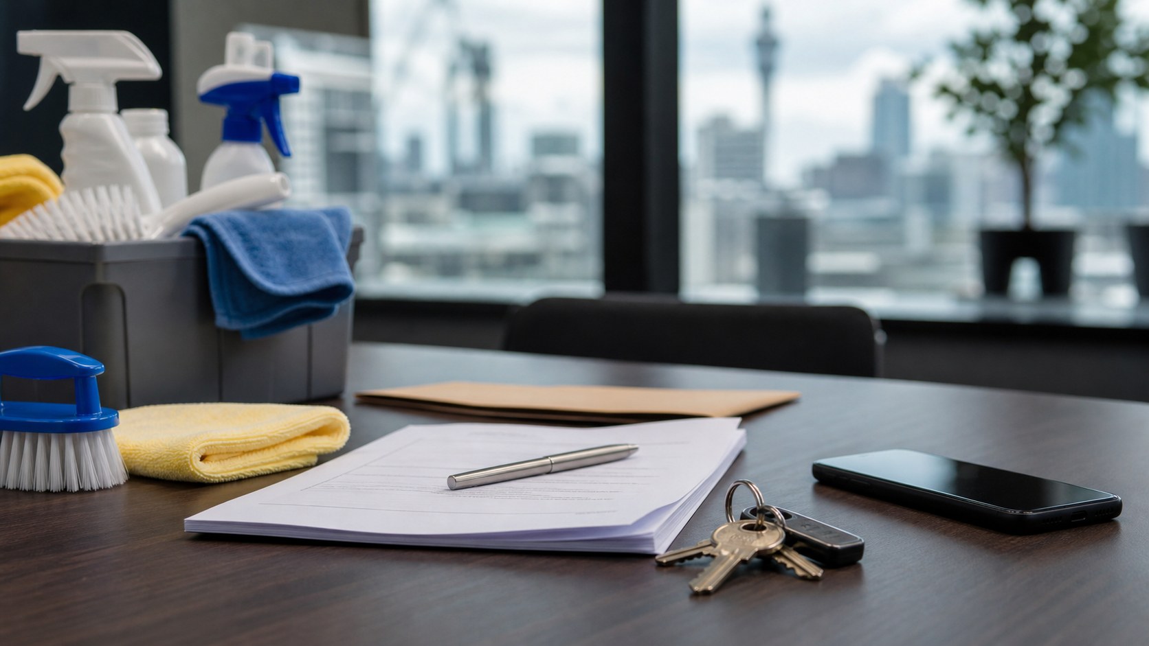 Editorial image showing cleaning-business paperwork, site keys and supplies as context for the Auckland franchise dispute report.