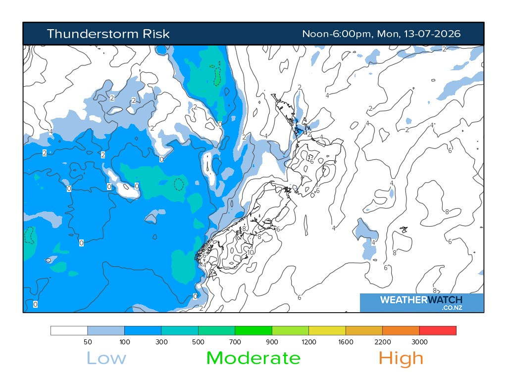 WeatherWatch thunderstorm-risk mapping for Monday 13 July shows the incoming South Island weather risk.