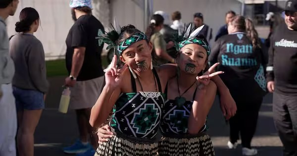 Performers from Te Kupenga o Maruaonui at the national secondary school kapa haka competition in Tauranga.