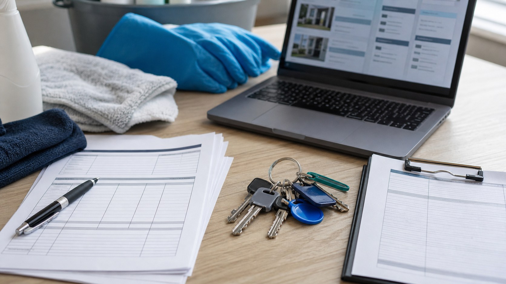 Editorial image showing business records, site keys and cleaning gear as context for the Christchurch franchisee dispute report.