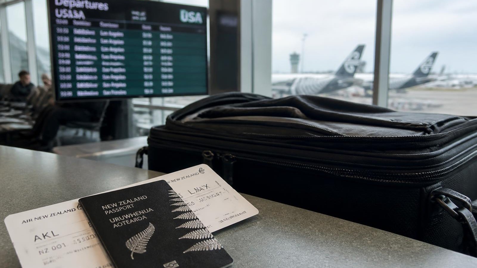 A New Zealand passport and boarding pass at an airport departure terminal.