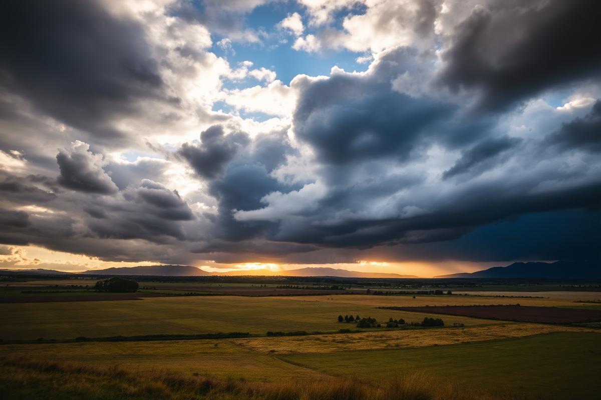 Storm clouds over open country used to illustrate climate hazard exposure.
